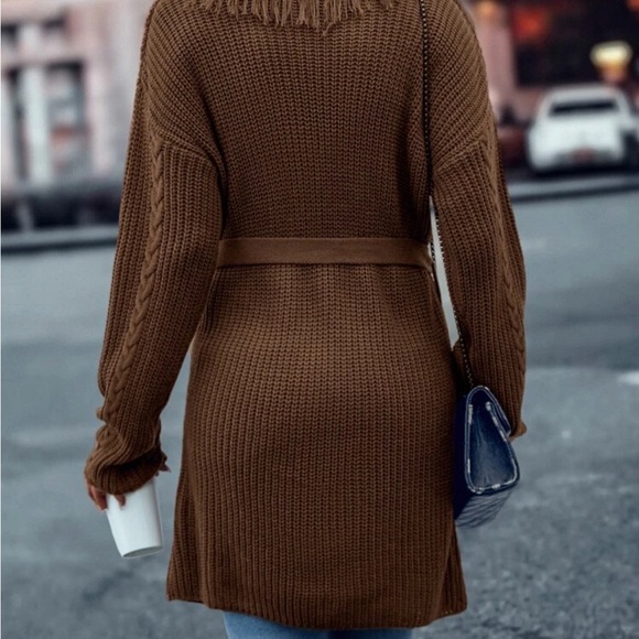 SHEIN Fringe Trim Drop Shoulder Belted Cardigan Size M - Picture 2 of 8